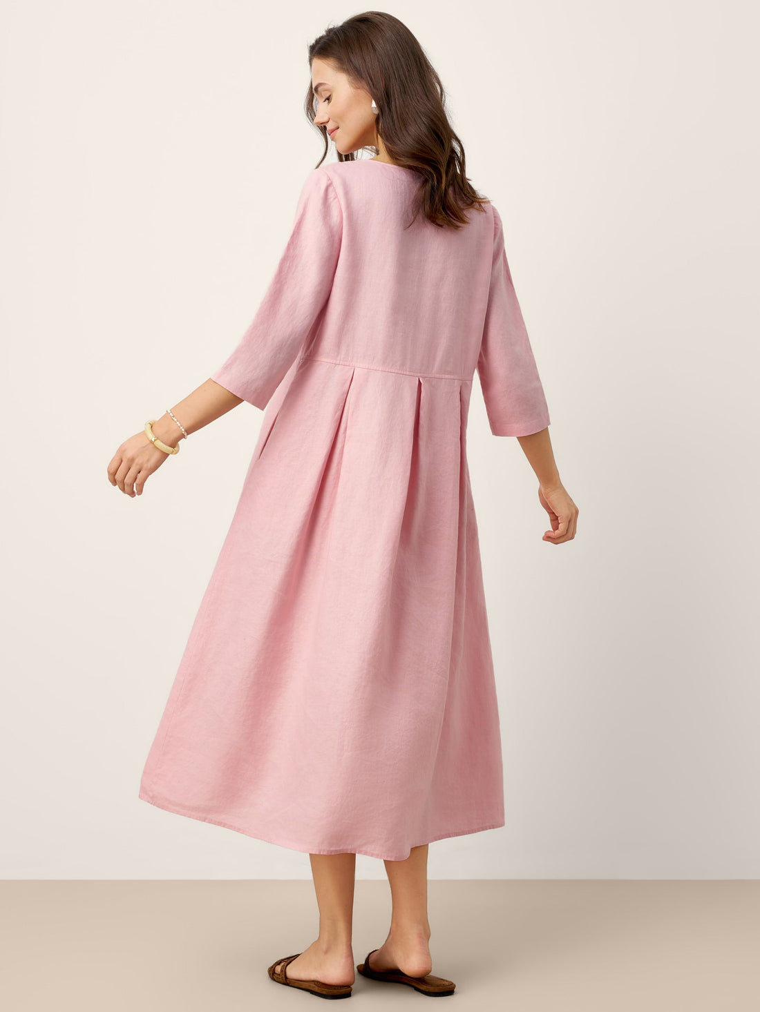 100% Linen Pocketed Three-Quarter Sleeve Midi Dress