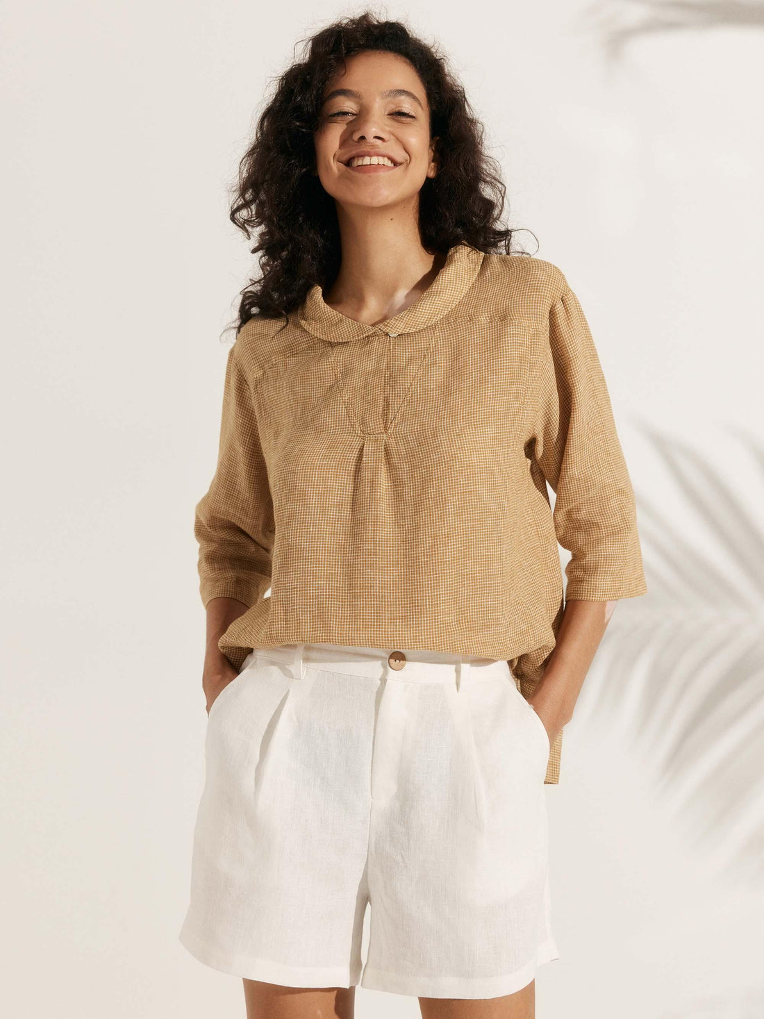 100% Linen V-Neck Three-Quarter Sleeve Blouse
