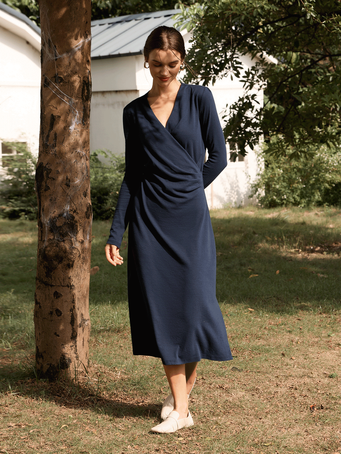 Linen-Blend Wrap V-Neck Midi Dress