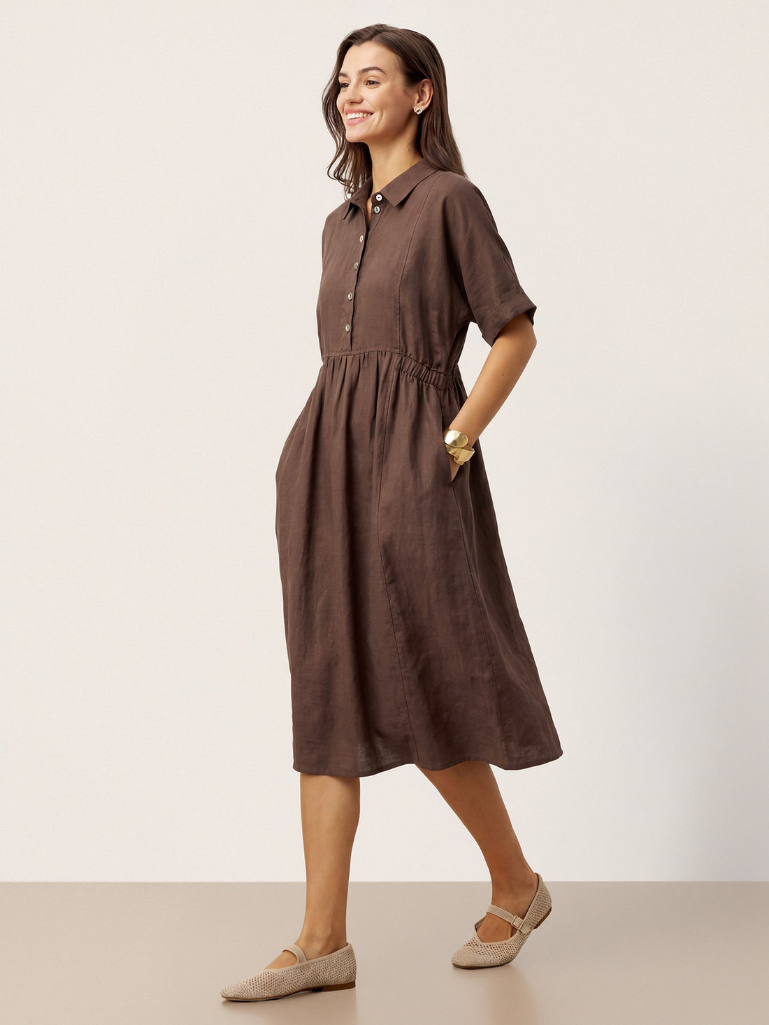 100% Linen Tailored Button-Front Midi Dress