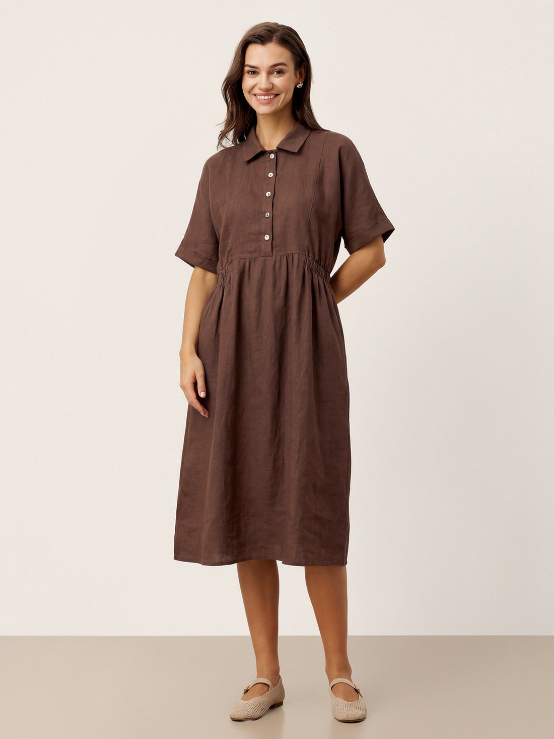 100% Linen Tailored Button-Front Midi Dress