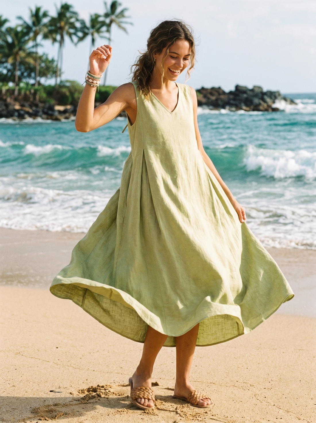 100% Linen Pleated V-Neck Midi Dress