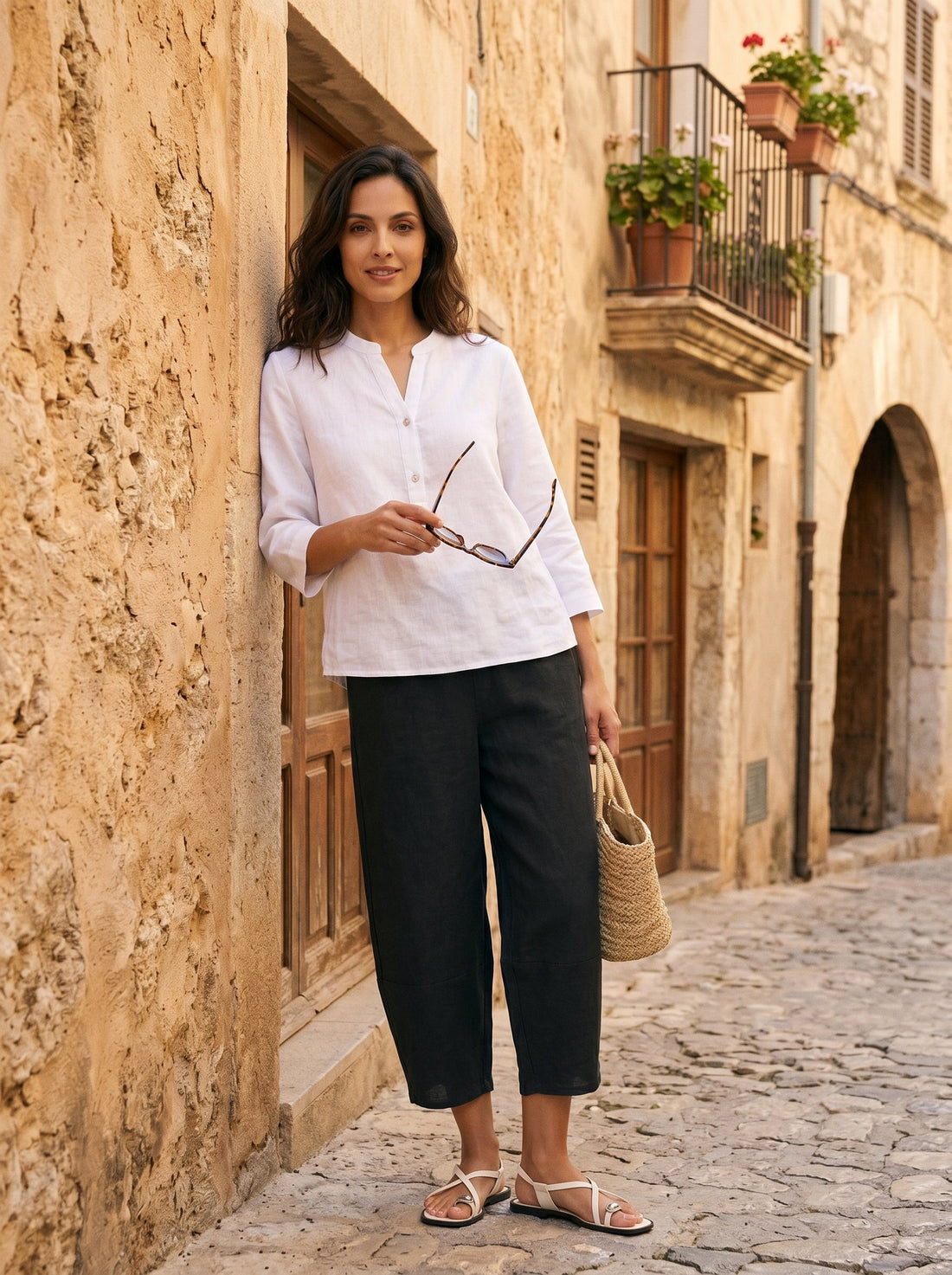100% Linen Garment-Dyed Crop Barrel Pants