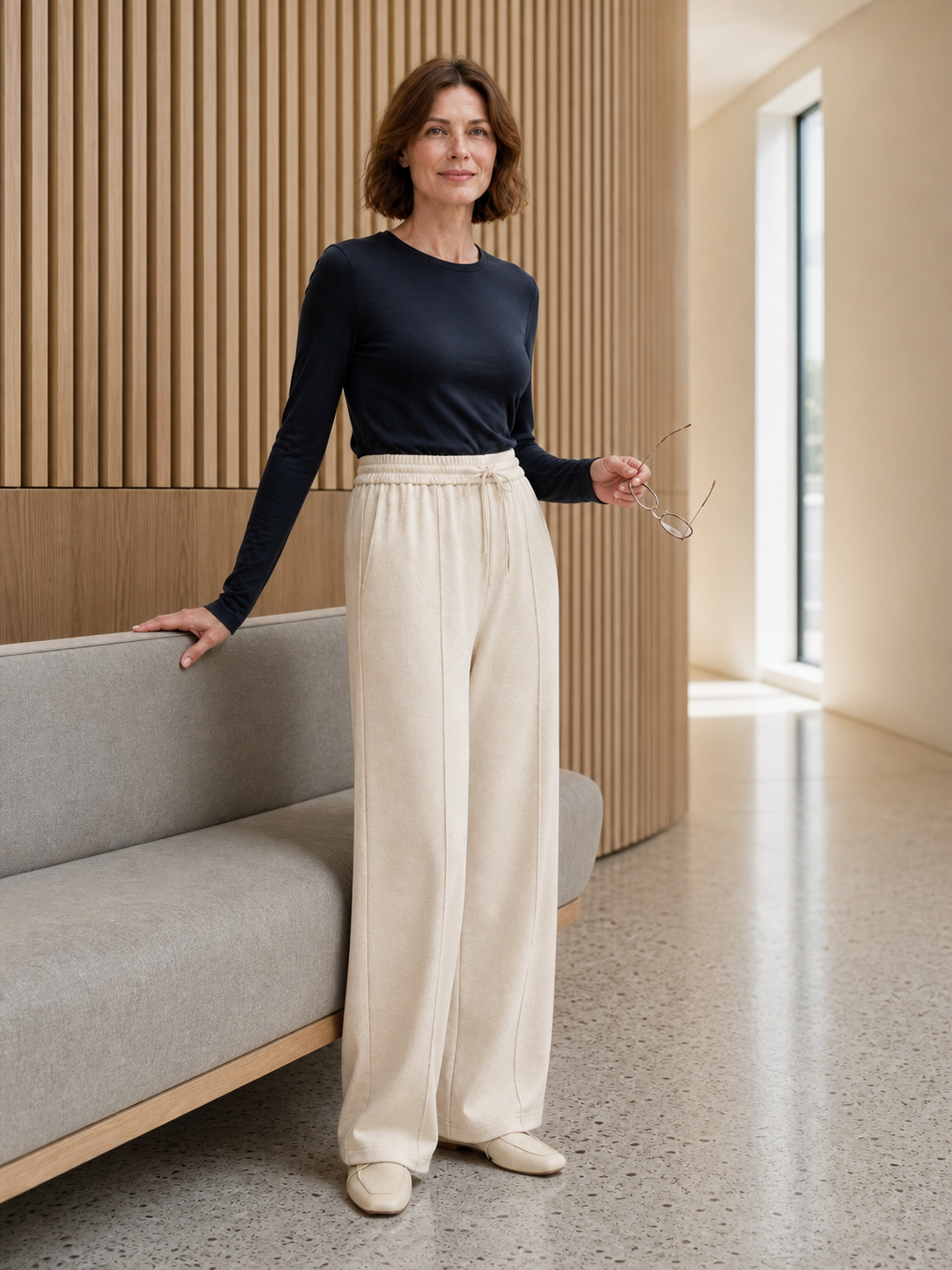 Wool Straight Leg Trousers with Elastic Waist