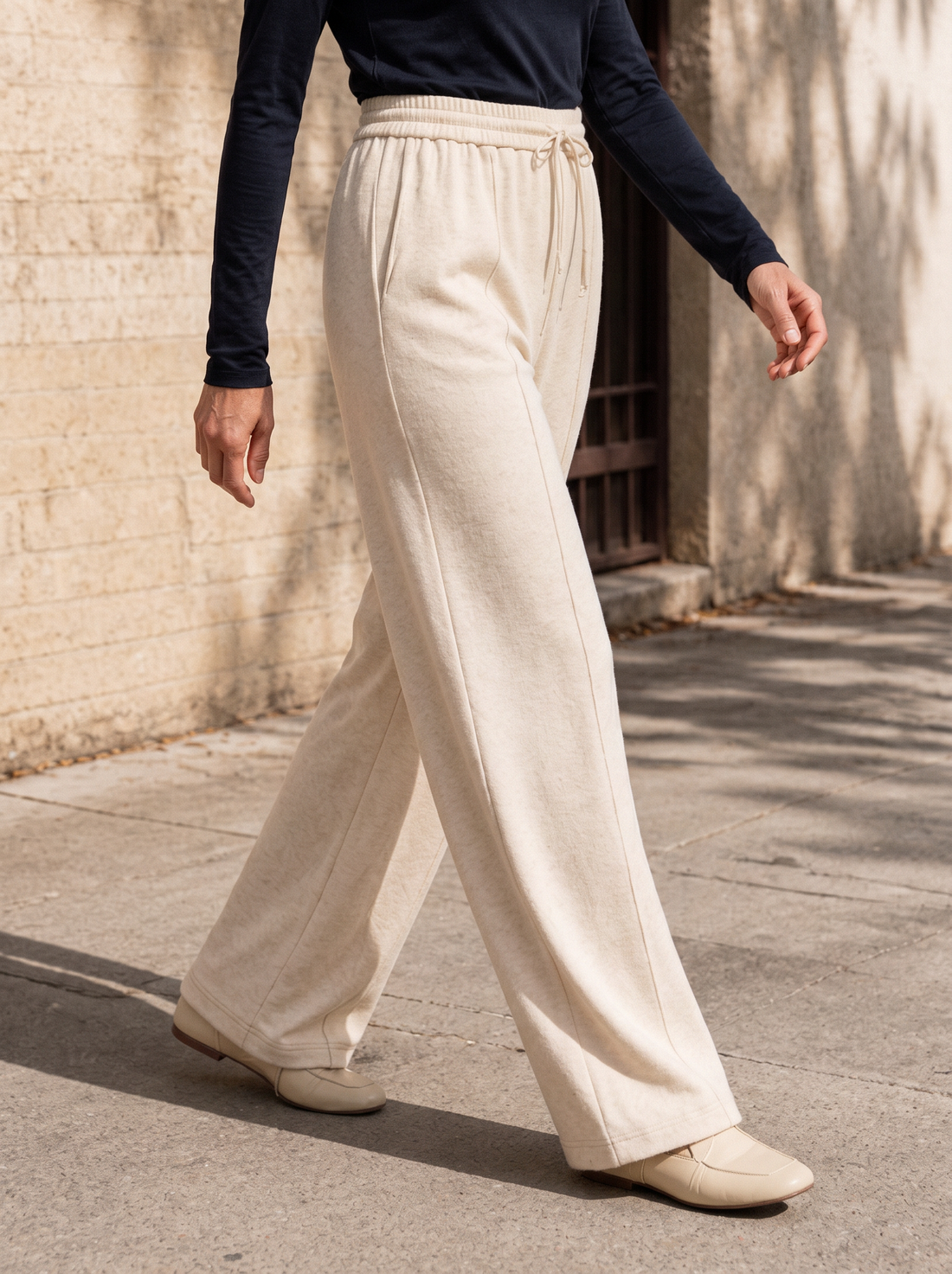 Wool Straight Leg Trousers with Elastic Waist