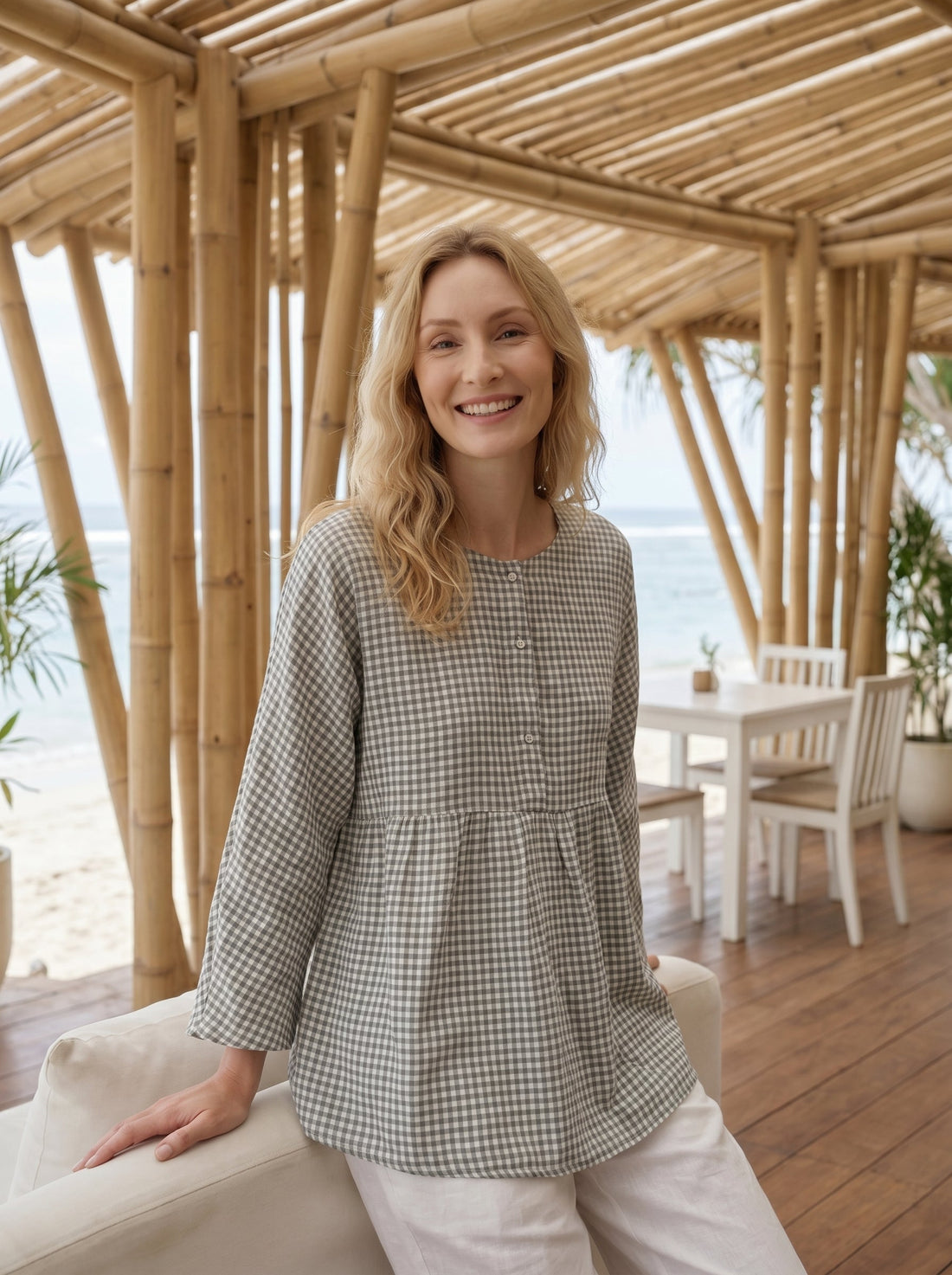 75% Linen Checked Ruched Round Neck Shirt